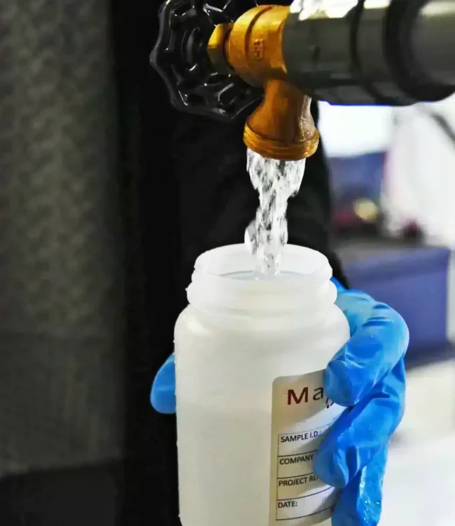 industrial water treatment water quality issues, contaminated industrial water sample, murky water inspection in treatment facility