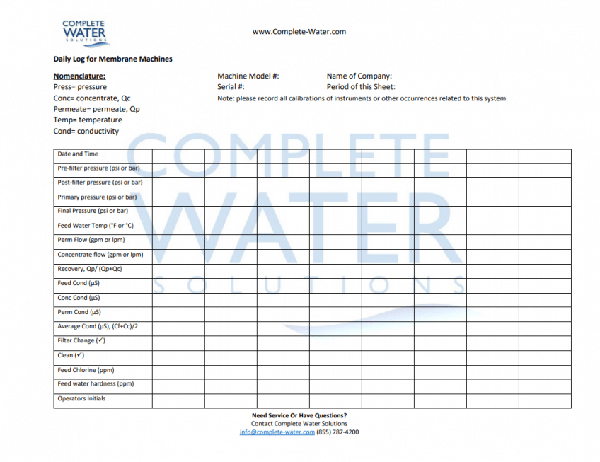 RO System Daily Log CWS