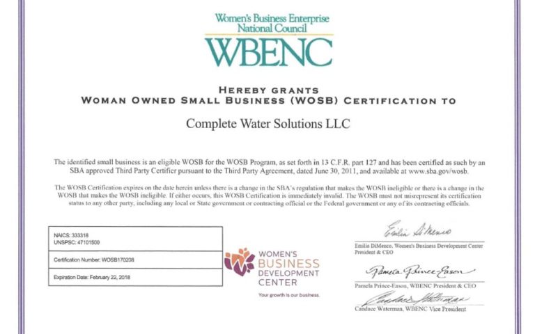 complete water certification, complete water solutions, certified woman-owned business